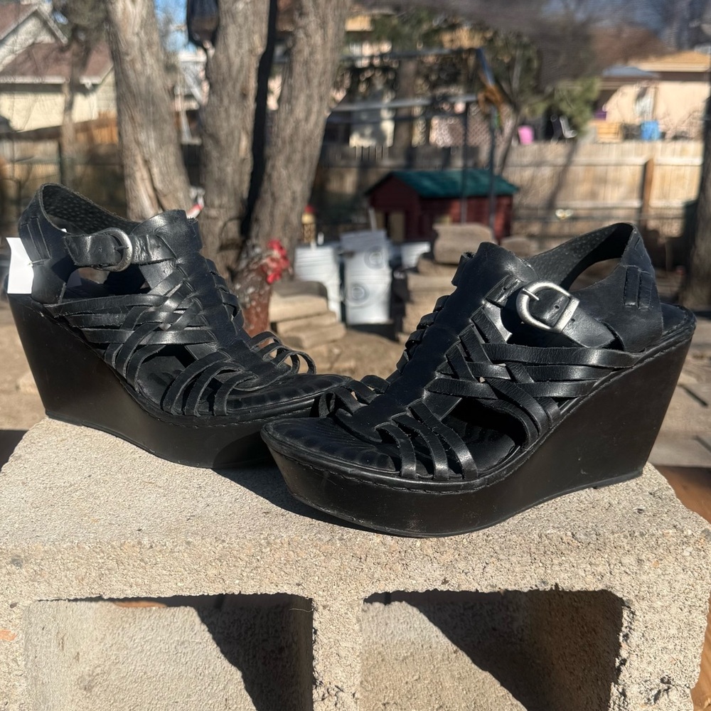 Born Neema Black Leather Strappy Gladiator Wedge Sandals - Picture 4 of 9